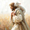 A painting depicting Jesus holding a white lamb while walking, rendered in soft, light tones.