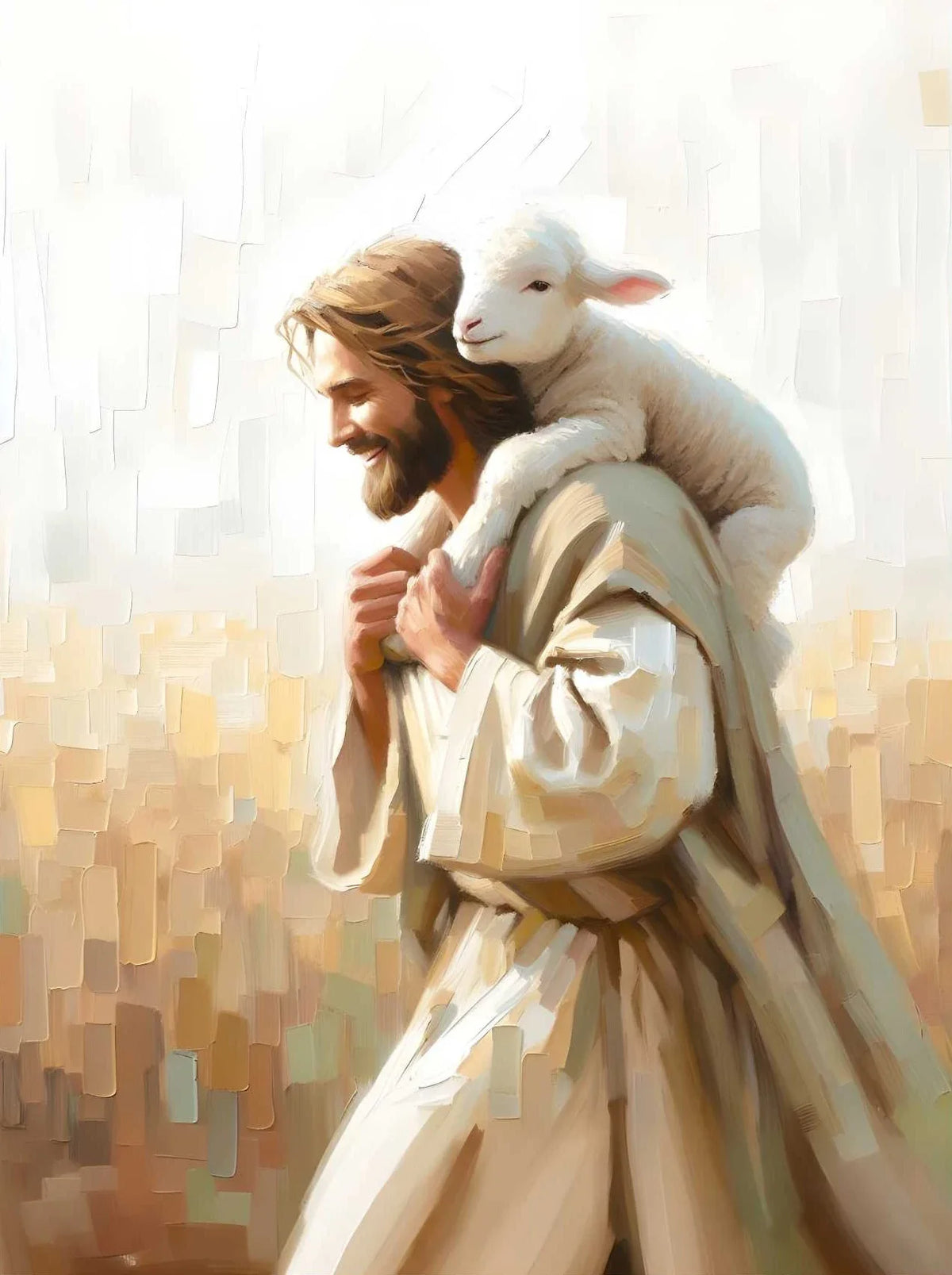 A painting depicting Jesus holding a lamb while walking on water against a bright, textured background.