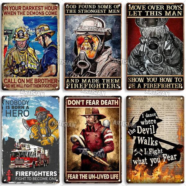 A collection of vintage firefighter metal signs featuring various themes and artwork.