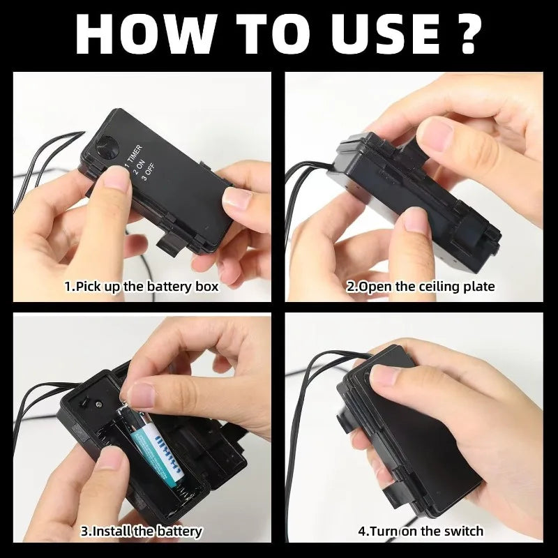 Step-by-step instructions showing how to use an LED glowing eyes product by picking up the battery box, opening a ceiling pla