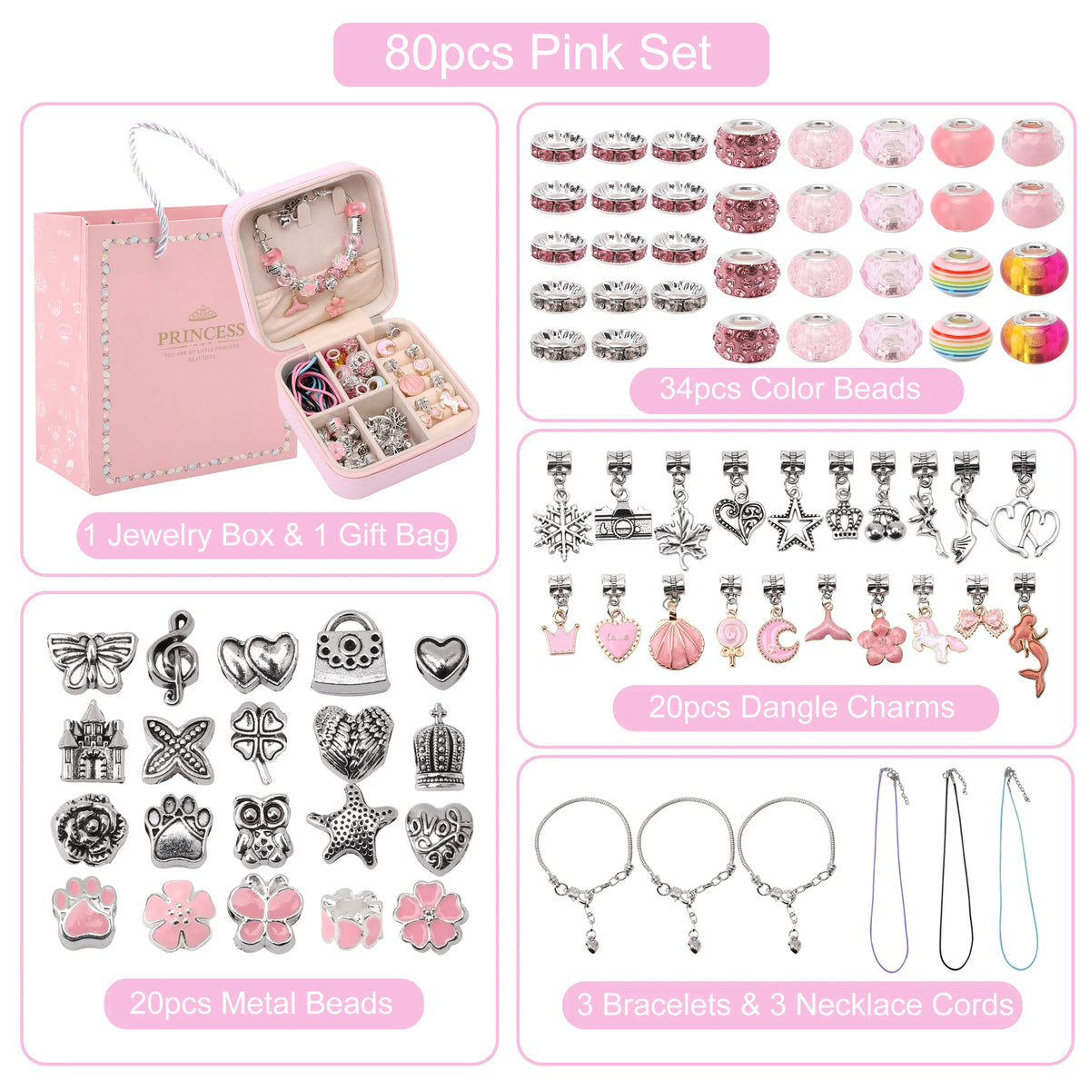 80 pieces pink beads and charms set including jewelry box, metal beads, dangle charms, and bracelets