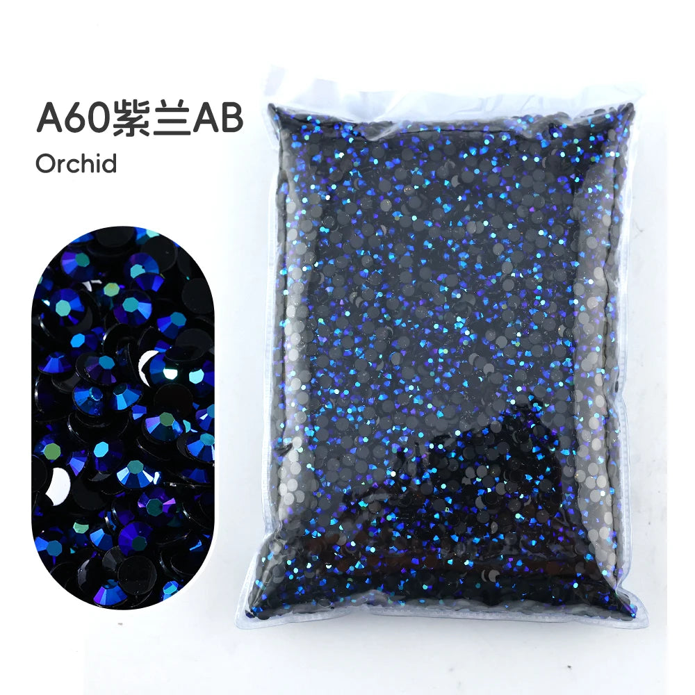 Bag of A60 AB orchid resin rhinestones with iridescent blue and black glitter