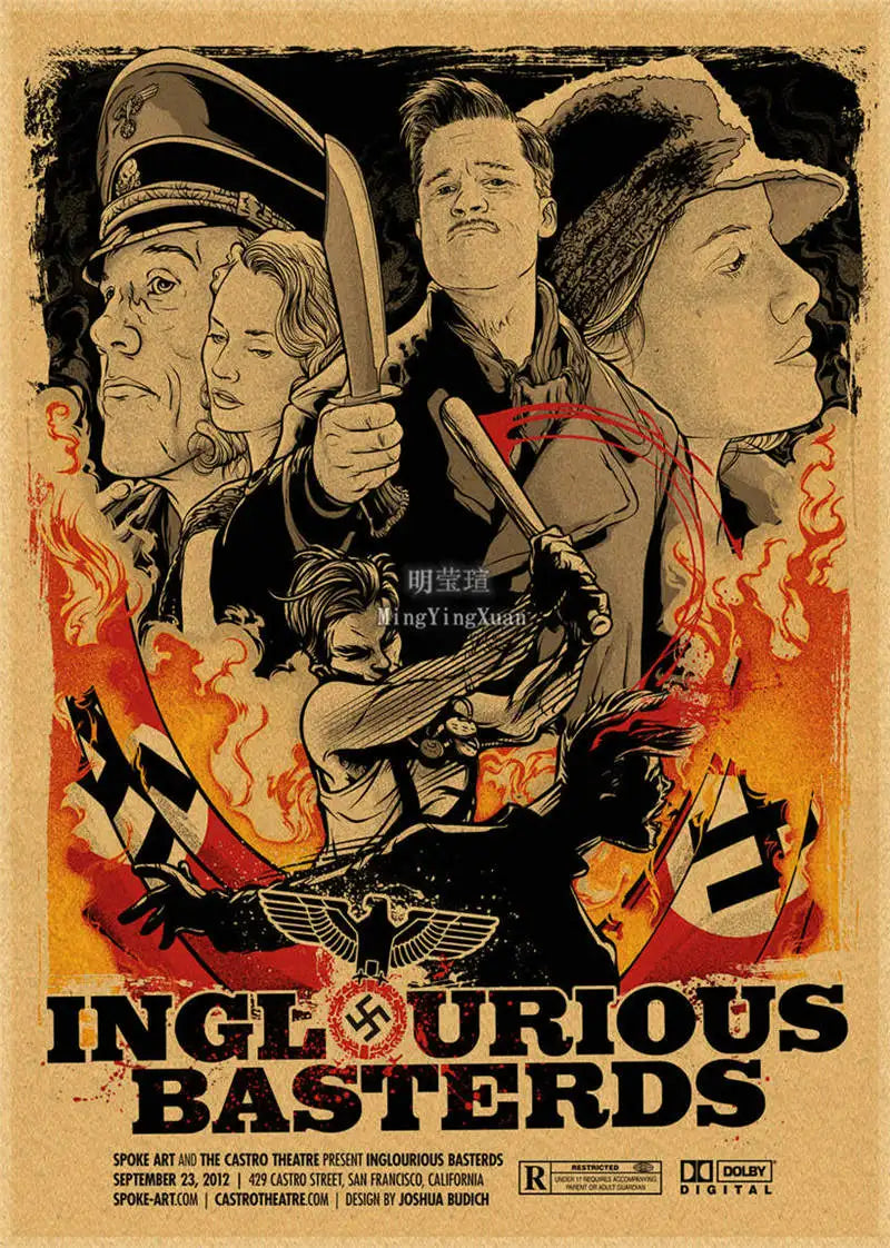 A vintage movie poster featuring a stylized illustration of a man and a woman with fiery accents.
