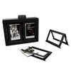 A black photo display box with a rotating holder and a separate clear acrylic frame.