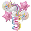 A set of pink and iridescent balloons featuring a unicorn face and the number five balloon.