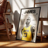 A framed canvas wall art featuring a portrait of James Jordan, a basketball legend, in a yellow Lakers jersey.