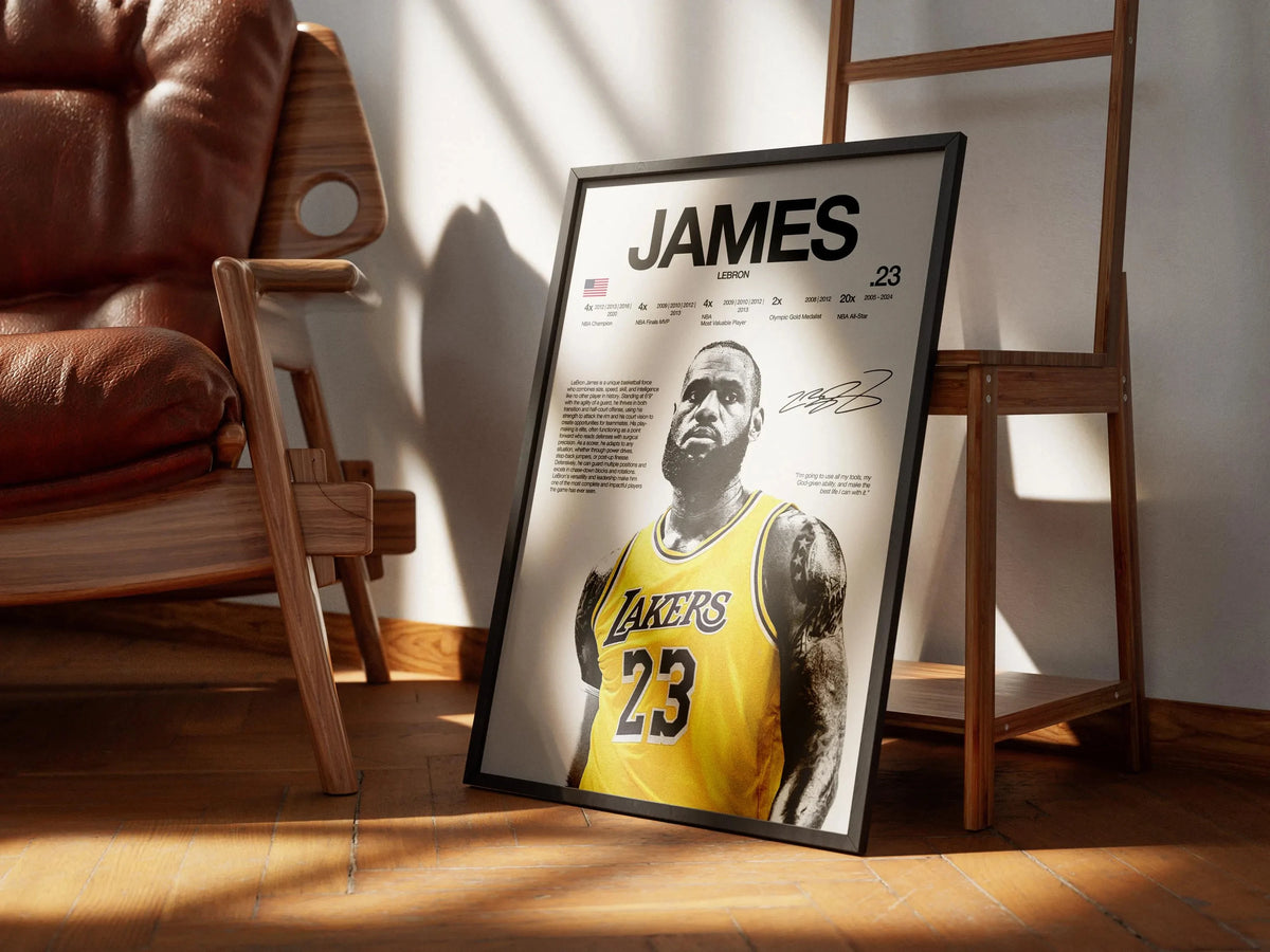 A framed canvas wall art featuring a portrait of James Jordan, a basketball legend, in a yellow Lakers jersey.