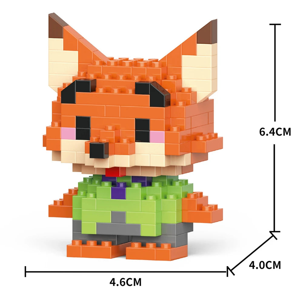 A fox-themed building block model kit featuring orange and tan pieces with green accents.