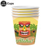 A paper cup featuring a carved wooden face with an angry expression and the text Aloha!