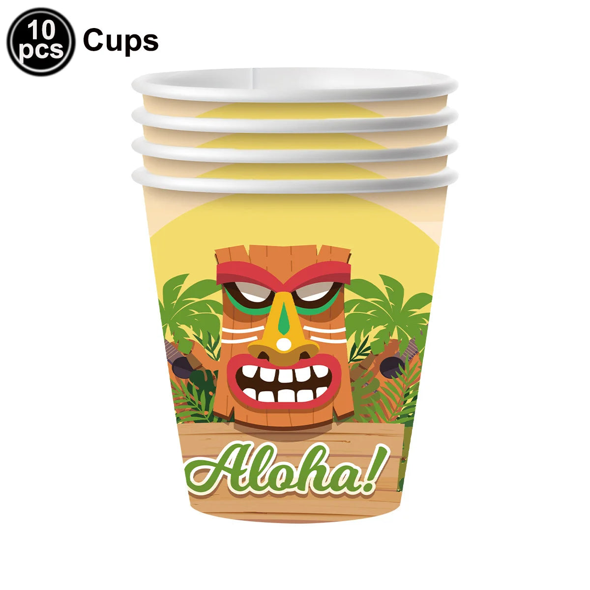 A paper cup featuring a carved wooden face with an angry expression and the text Aloha!