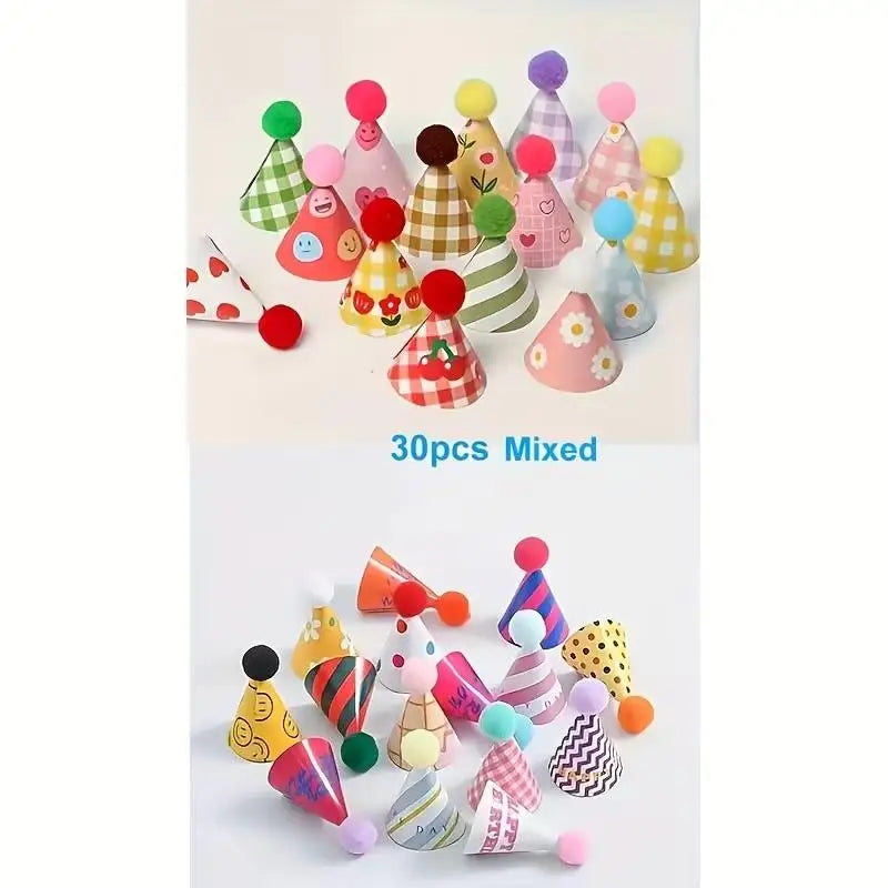 A collection of 30 mini colorful party hat cake toppers in various shapes and patterns.