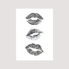 Three grayscale abstract prints of lips with textured strokes on a white background