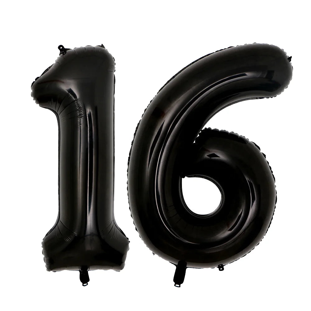 A set of two giant black foil balloons shaped like the number 16