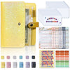 A yellow leather cash envelope binder with budget organizer sheets and various colored plastic wallets.