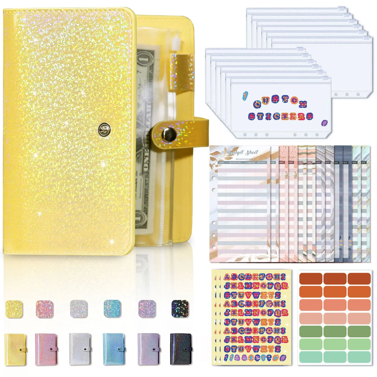 A yellow leather cash envelope binder with budget organizer featuring various colored sheets and pockets.