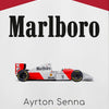 A graphic featuring the Marlboro logo and Ayrton Senna's name on a red background.