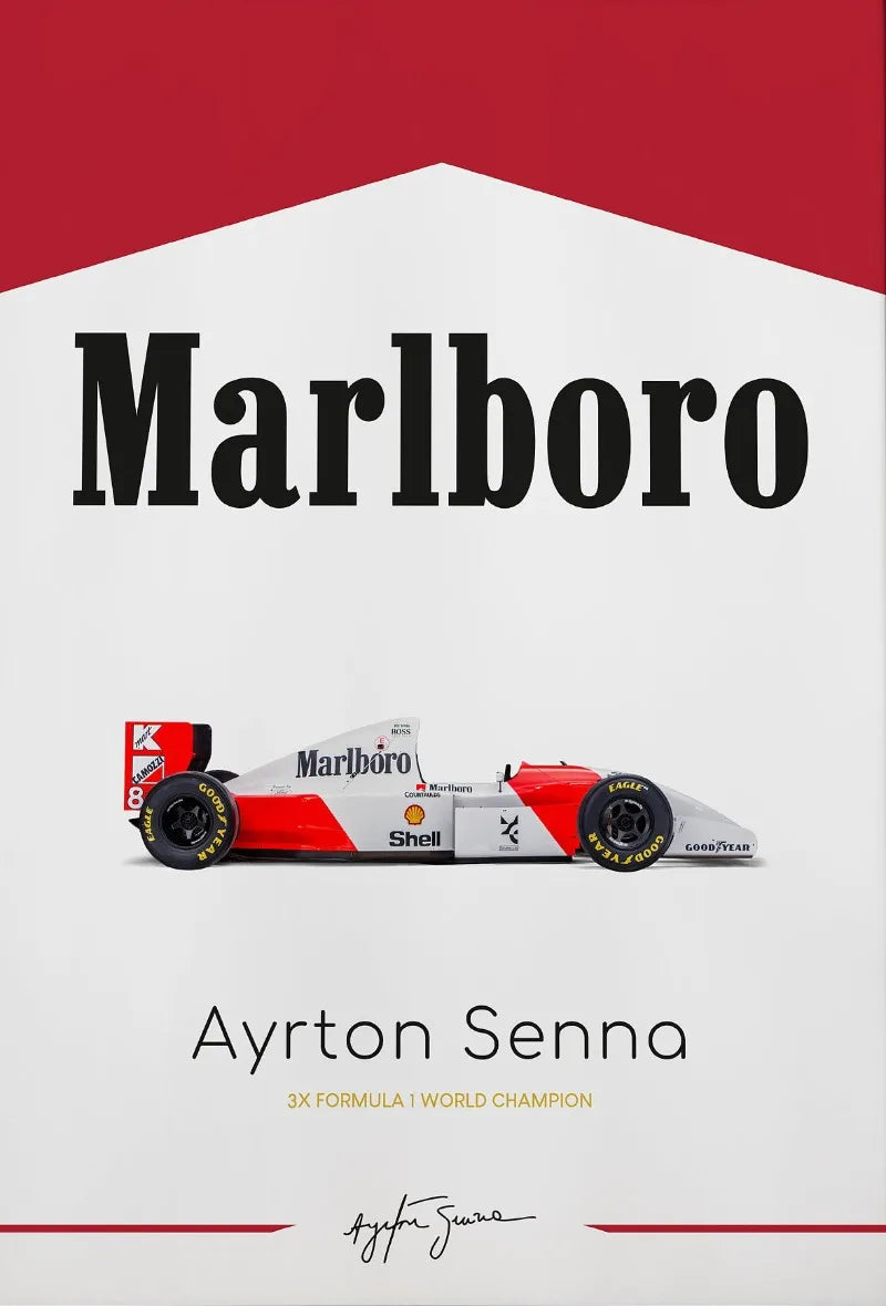 A graphic featuring the Marlboro logo and Ayrton Senna's name on a red background.