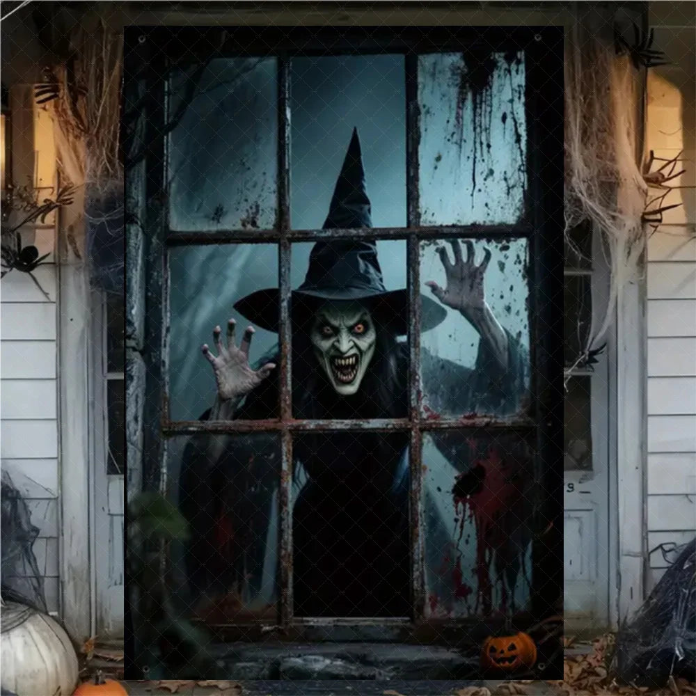 A dark, spooky Halloween window banner featuring a menacing witch figure peering through a grimy glass pane.