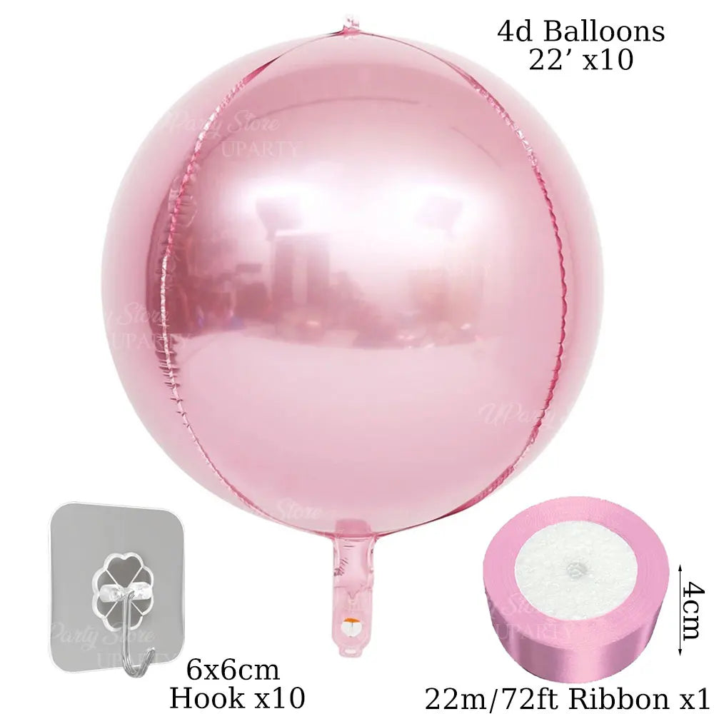 A pink 4D balloon is shown with a hook and ribbon, along with accessories like a silicone disk and ribbon roll.