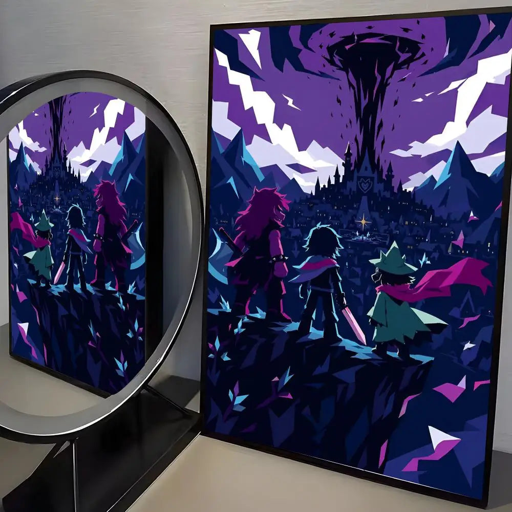 A dark fantasy illustration featuring a large, shadowy tree and characters in purple and pink hues.
