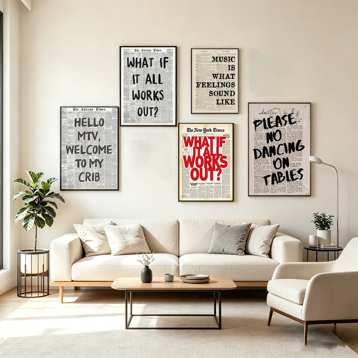 A living room wall decorated with framed vintage newspaper art featuring headlines like What If It All Works Out.