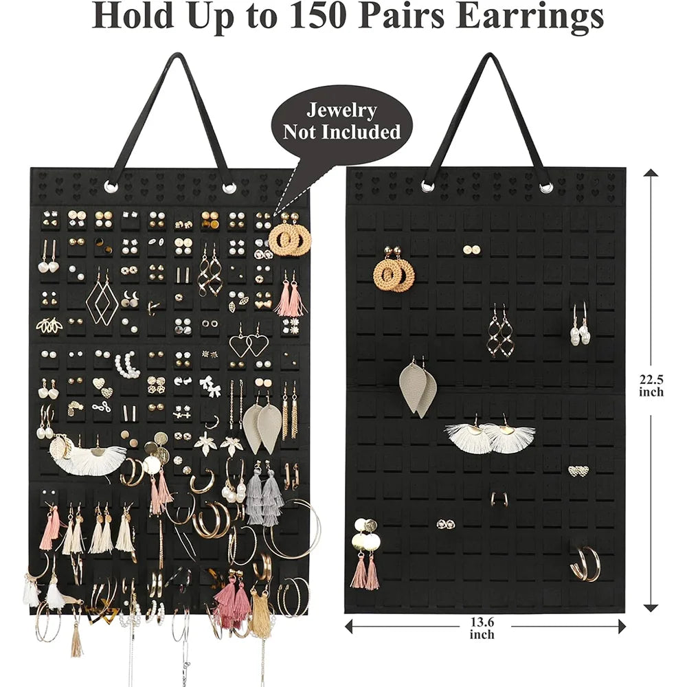 Black felt wall organizer display holding up to 150 pairs of earrings.