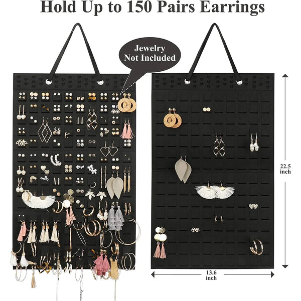 Black felt wall organizer display holding up to 150 pairs of earrings.