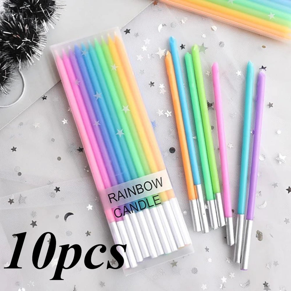 A pack of 10 rainbow colored spiral candles in a clear plastic container on a white surface.