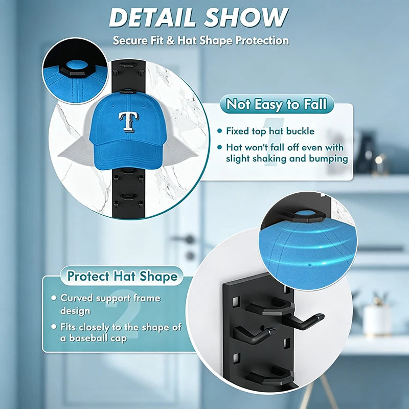 Wall-mounted cap organizer rack showing how to secure and protect a baseball hat shape