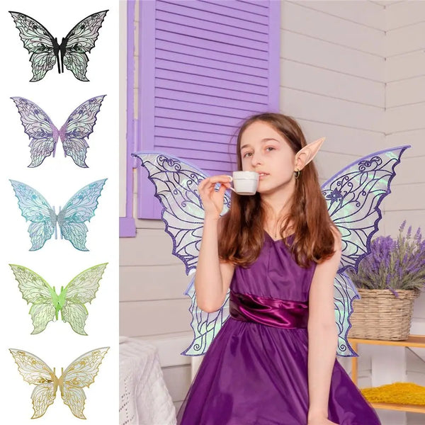 A girl wearing a purple dress and sparkling fairy wings with iridescent details, posing indoors.