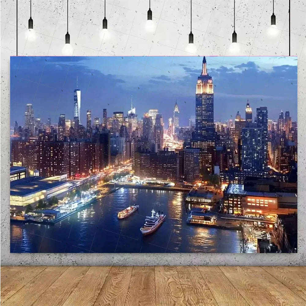A photograph of the Night City skyline at dusk featuring illuminated high-rise buildings across a body of water.