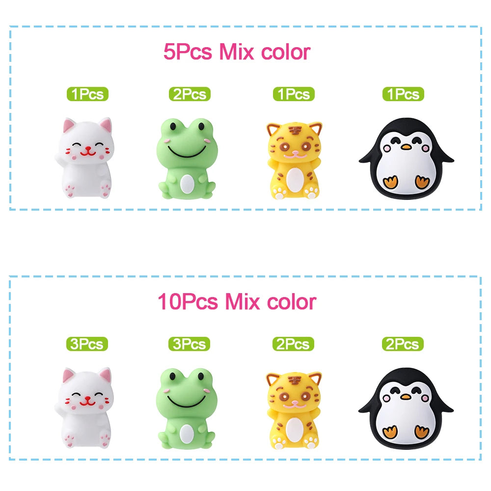 A collection of 10 silicone plant beads in various colors and shapes including a white cat, green frog, yellow tiger, and bla