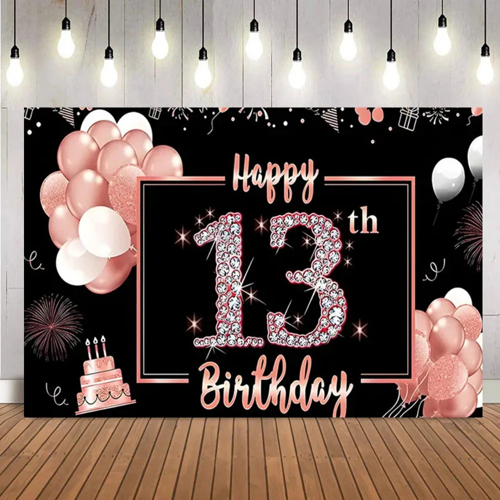 A black backdrop banner with pink and white balloons and a sparkly 'Happy 13th Birthday' design.