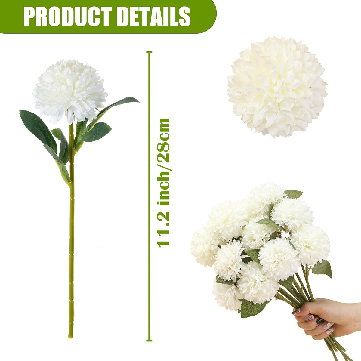 A stem of white artificial chrysanthemum flower balls with green leaves and a separate cluster of the flowers.