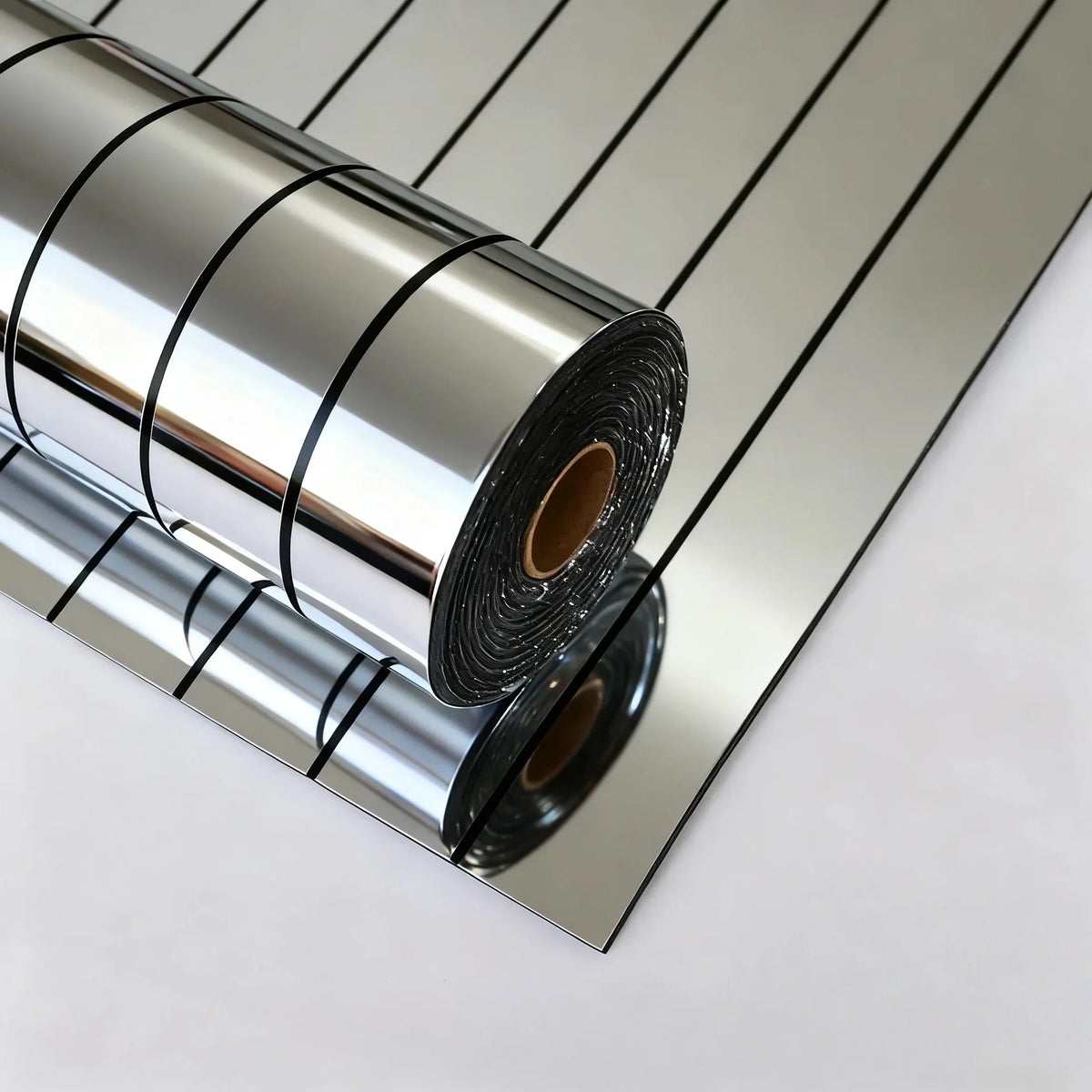 Roll of self-adhesive mirror effect wallpaper showing the reflective silver surface and rolled edges.
