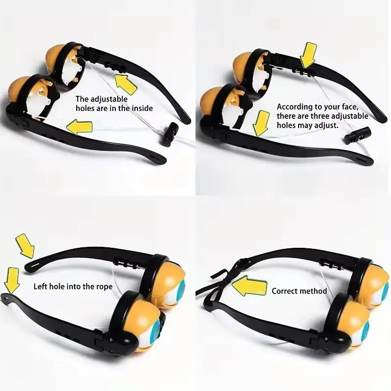 Funny crazy eye costume glasses showing how to adjust the holes and correct method for use