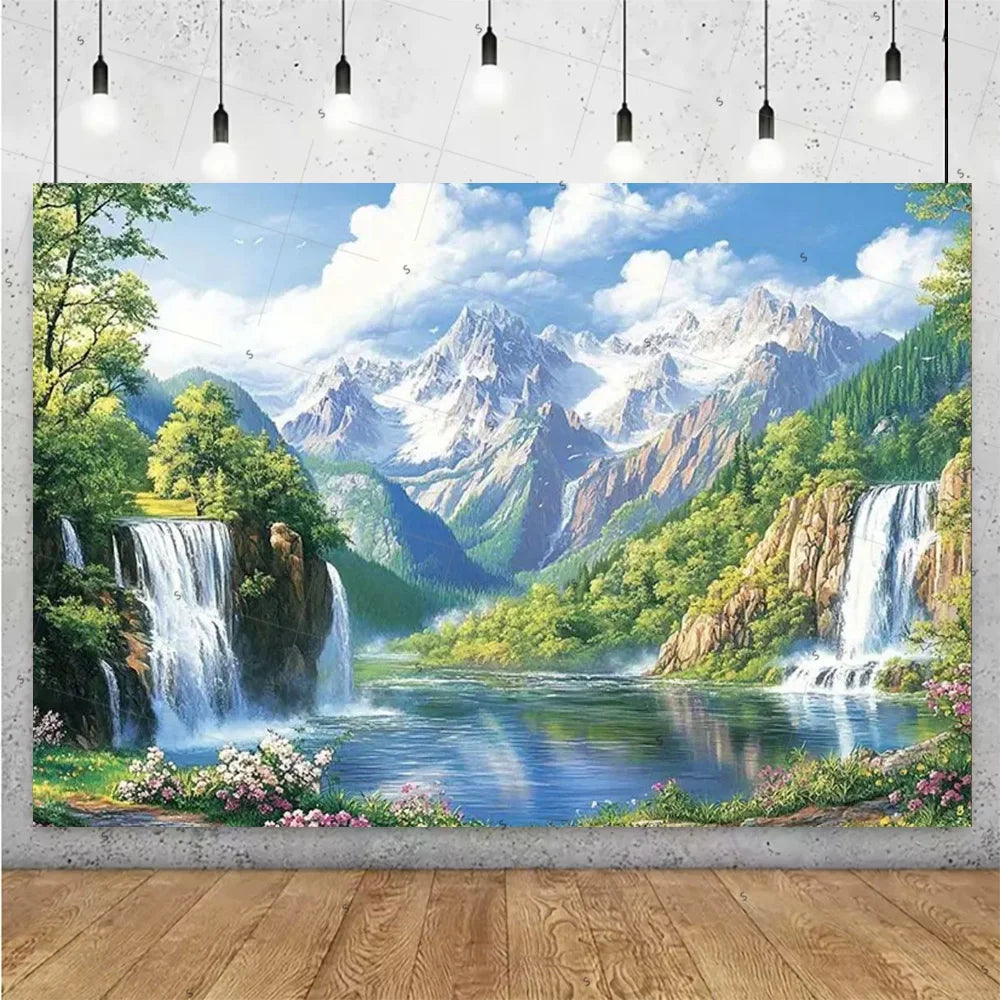 Forest Waterfall Wonderland Photography Backdrop
