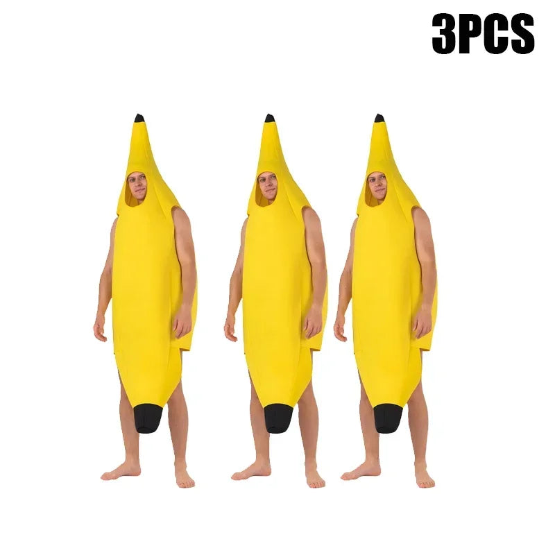 Three yellow banana costumes for kids, featuring a face and black tip.