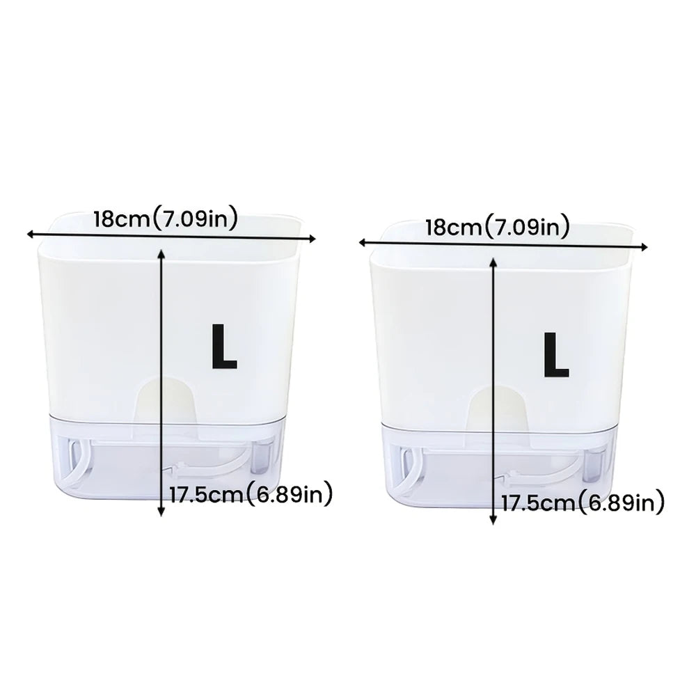 Two clear self-watering planters with white watering bottles shown side by side.