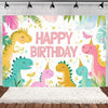 A colorful cartoon dinosaur birthday party backdrop featuring various dinosaurs in a lush woodland theme.