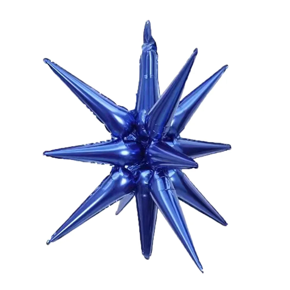 A cluster of metallic blue star burst foil balloons for party decoration