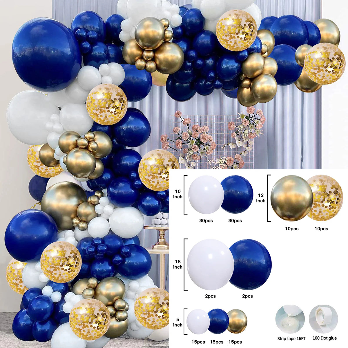 A collection of navy, silver, and white balloons arranged in a garland arch with various sizes and colors.