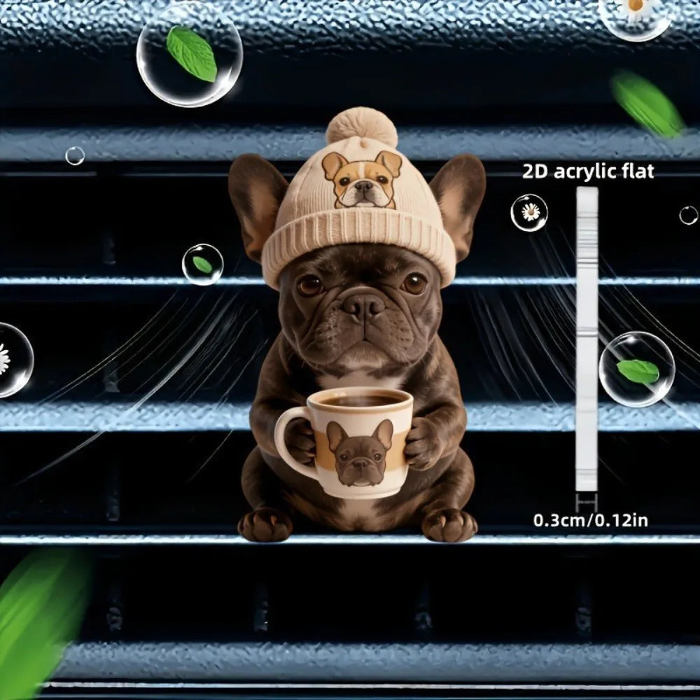A brown dog wearing a beige knitted hat sitting in a cup, used as a vent clip decor.