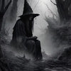 A silhouette of a witch in a pointed hat sits by a dark stream in a misty, dense forest.