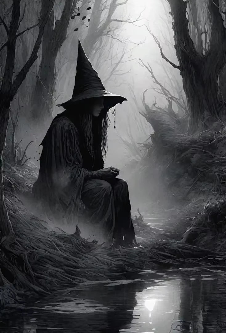 A silhouette of a witch in a pointed hat sits by a dark stream in a misty, dense forest.