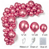 A pink latex balloon garland kit showing various balloons, ribbon, chain, and glue for party decor.