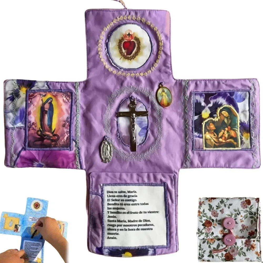 Handcrafted pocket devotional with a cross-shaped pouch featuring purple fabric and religious imagery.