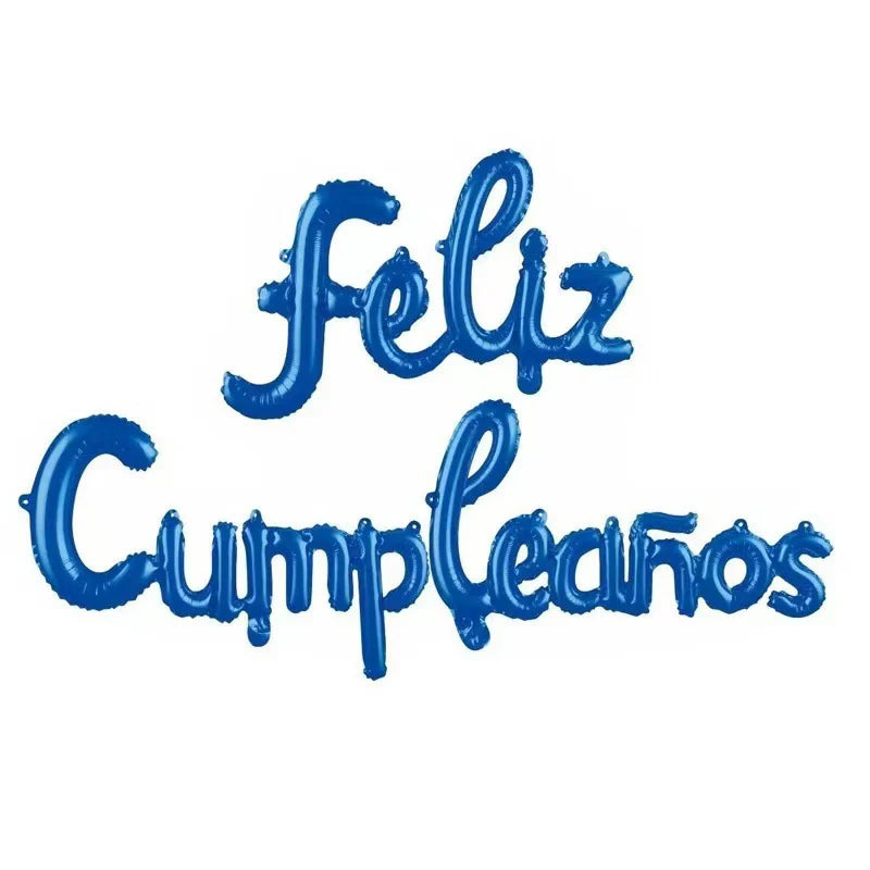 Blue foil lettering spelling Feliz Cumpleaños
