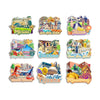 A collection of wooden refrigerator magnets featuring landmarks and themes from various Mexican cities like Mexico City, San 