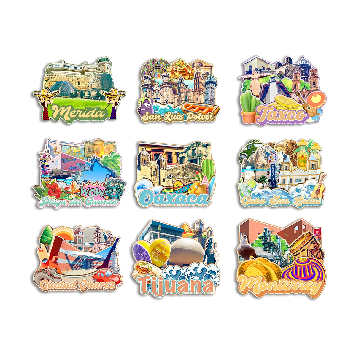 A collection of wooden refrigerator magnets featuring landmarks and themes from various Mexican cities like Mexico City, San 